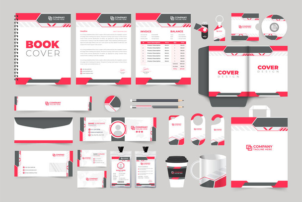 Corporate identity template collection with dark and red colors. Business promotional stationery design for marketing. Company brand advertisement email signature, ID card, and visiting card design. - Wektor, obraz
