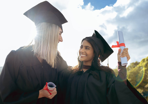 Students, study and college certificate hug of graduate women together at celebration. Diploma success, happiness and excited friends with school, education and university graduation scroll. - Foto, Bild