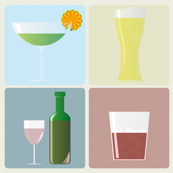 Cocktails, glasses and wine bottle - Vector, Image