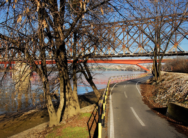 Carretera de bicicletas vacía a lo largo del río
 - Foto, imagen