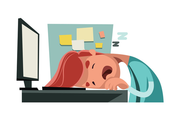 Dormire in ufficio su computer vettore illustrazione personaggio dei cartoni animati
 - Vettoriali, immagini
