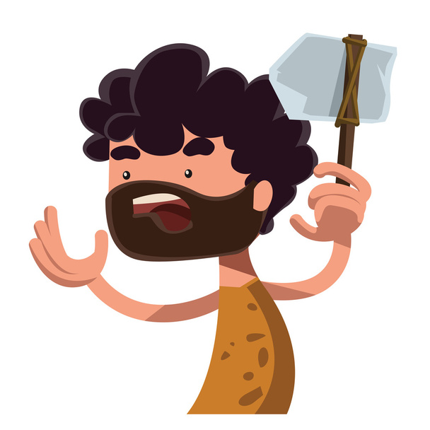 Людина кам'яного віку тримає стародавній інструмент Векторні ілюстрації мультиплікаційний персонаж
 - Вектор, зображення