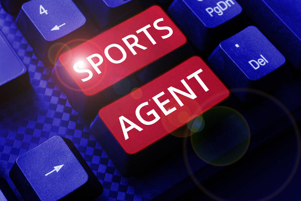 Legenda do texto apresentando Sports Agent, Business overview person administra recrutamento para contratar melhores jogadores esportivos para uma equipe - Foto, Imagem