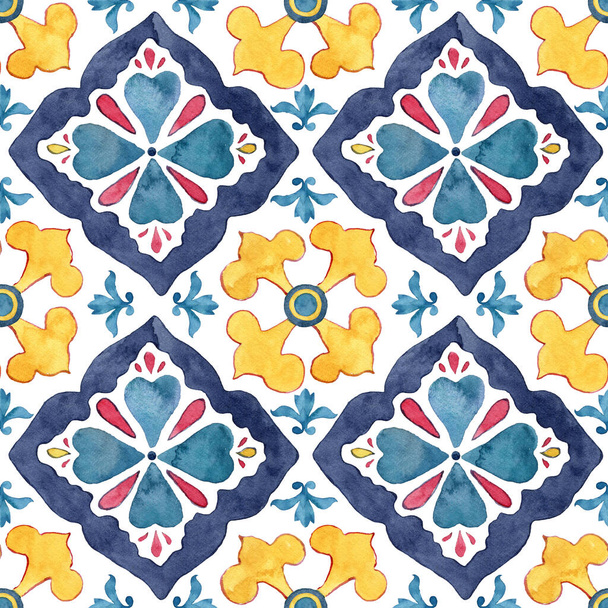 Watercolor vintage seamless pattern consisting of blue, red and yellow Mediterranean tiles and elements. Hand painted illustration isolation on white background for design, print or background - Foto, imagen