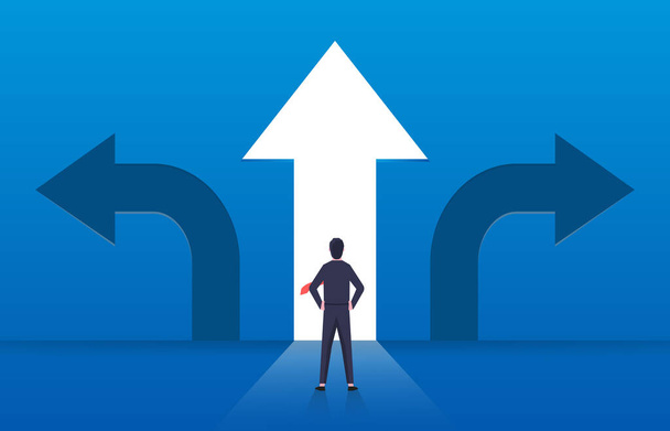 Choice and decision, businessman standing with arrows in three different directions, pathway selection dilemma - Vector, afbeelding