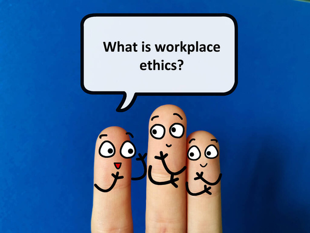 Three fingers are decorated as three person. One of them is asking another what is workplace ethics. - Foto, Imagem