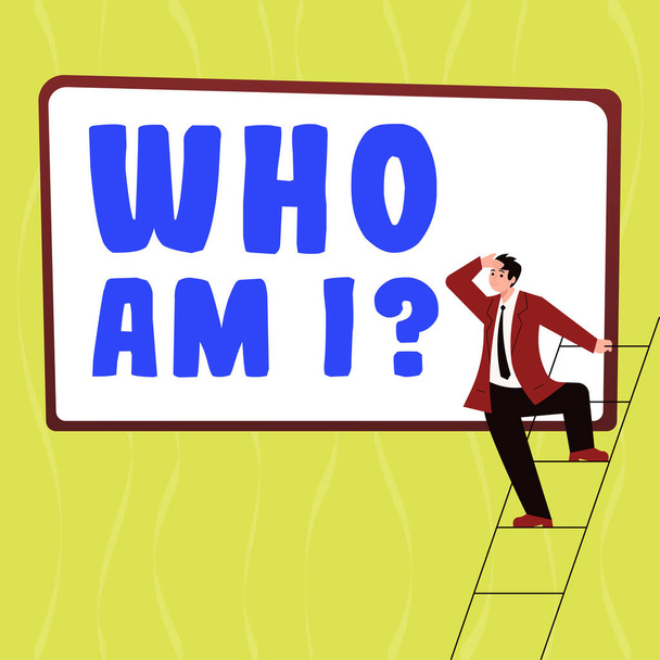Sign displaying Who Am I, Business concept when being asked about your name status and nationality - 写真・画像