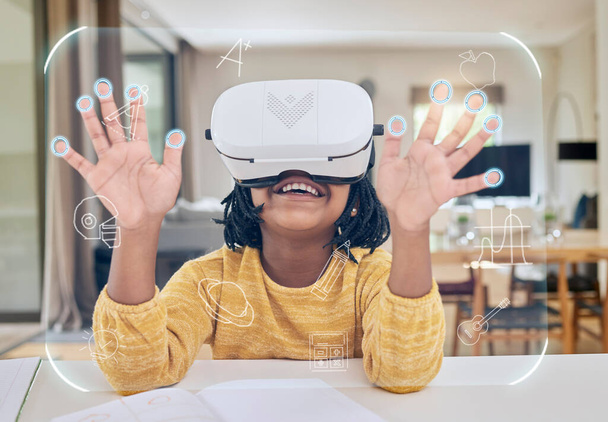 Vr, education and child in headset elearning in virtual class in metaverse, gaming or video streaming. Futuristic learning, cyber classroom and innovation in technology for children with icon overlay. - Foto, Imagen