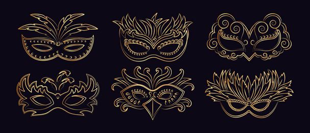 Розкішні золоті карнавальні маски на чорному тлі, колекція. Піктограми, шаблони, елементи декору свята, вектор
 - Вектор, зображення