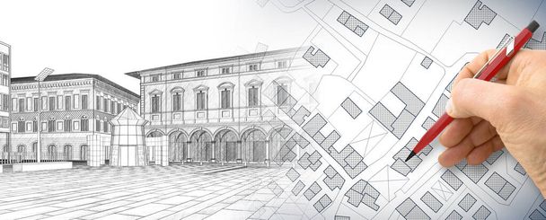 Registreren van oude gebouwen bij gebouwen kadaster voor belastingen - Kadaster concept met een denkbeeldige kadastrale kaart van het grondgebied en oude Italiaanse historische gebouw - Foto, afbeelding