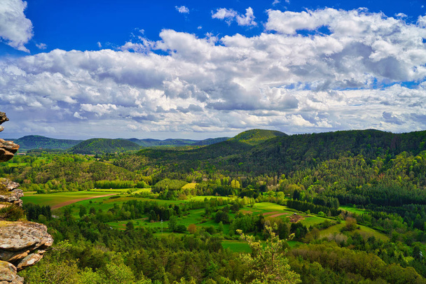 a beautiful panorama near the geiersteine over the Palatinate Forest in spring, Germany, rhineland-palatinate - Фото, изображение