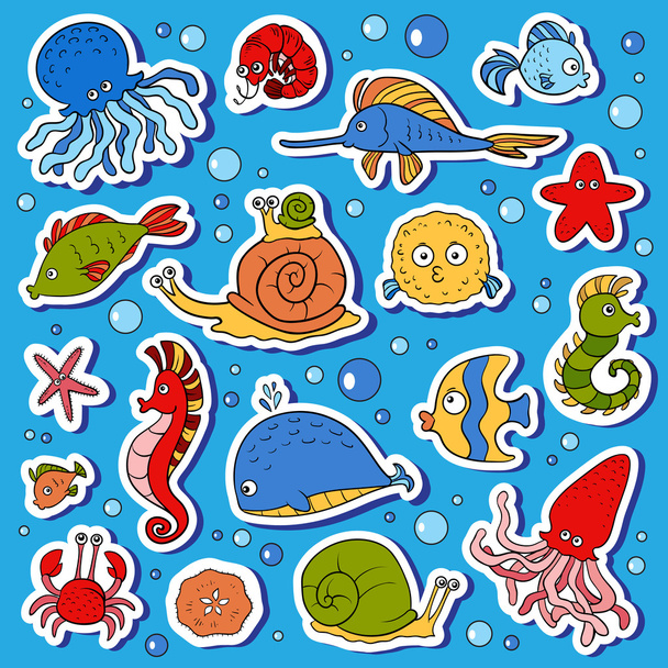 Set of vector ocean animals, stickers of fish - Vector, Image