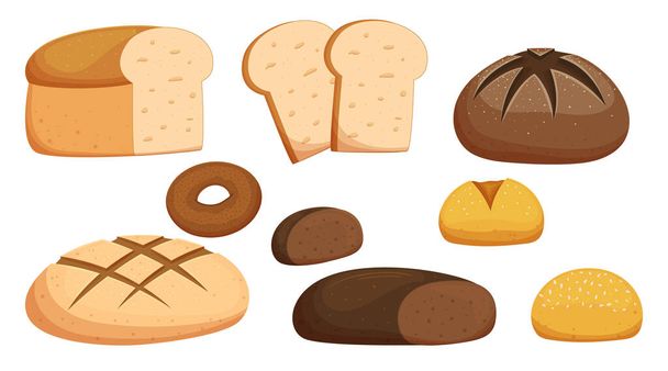 Set Of Bread And Different Bakery Production. Isolated Toast, Loaf, Bun with Sesame Or Rye Donut Pastry Collection. Fresh Bake House Flour Cereal Whole or Sliced Products. Cartoon Vector Illustration - Vector, Image