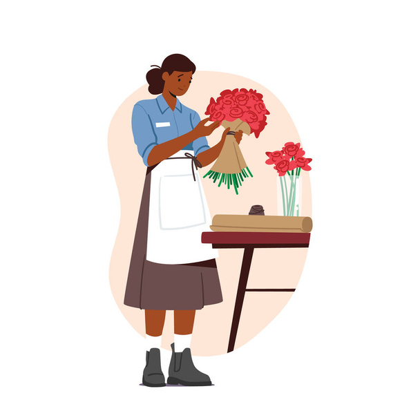 Florist Profession, Job, Flower Shop Stuff Working. Saleswoman Making Flower Bouquets, Caring of Plants, Creating Design Compositions for Customers or Clients. Cartoon People Vector Illustration - Wektor, obraz