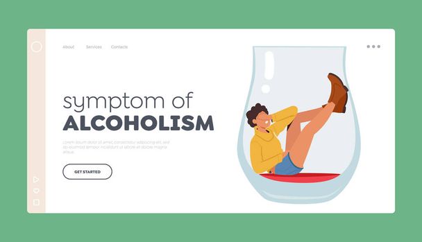 Symptom of Alcoholism Landing Page Template. Drunk Woman Lying on Bottom of Empty Wineglass. Alcohol Addiction Concept with Female Character with Substance Abuse. Cartoon People Vector Illustration - Διάνυσμα, εικόνα