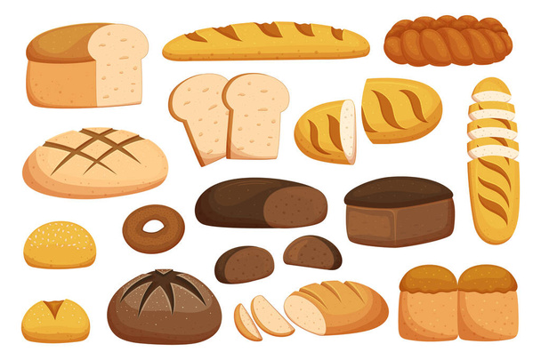 Set of Different Bread and Wheat Bakery Products. Isolated Baguette, Loaf, Bun or Donut Pastry Collection. Bake House Fresh Cereal Whole and Sliced Bread Assortment. Cartoon Vector Illustration - Vektor, obrázek