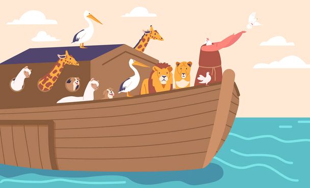 Biblical Narrative of Genesis Flood. Noah Character Releases Dove Standing on Ark. Domestic and Wild animals saved on Large Ship from Dangerous Water. Cartoon People Vector Illustration - Vektor, obrázek