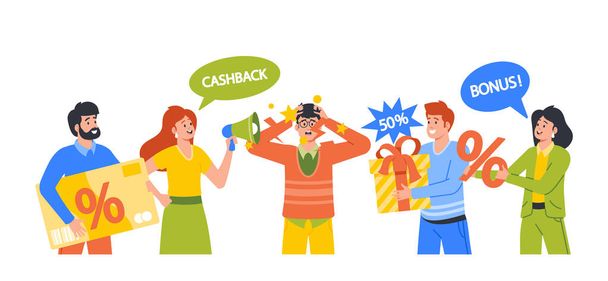 Intrusive Marketing, Social Spam Concept. Salesmen Characters with Gifts and Percentage Discounts Announce Promotions to Anxious Young Male Buyer in Glasses. Cartoon People Vector Illustration - Vetor, Imagem