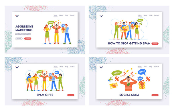 Stop Sending Spam Landing Page Template Set. Seller Characters Impose Goods by Offering Discounts and Promotions to Confused Buyer, Active Advertising Concept. Cartoon People Vector Illustration - Vecteur, image