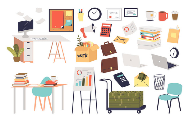 Office work elements set. Workplace desk, laptop pc, money, seat, books, paper documents and salary payment cartoon symbols isolated on white background. Business occupation. Vector illustration - Vektor, kép