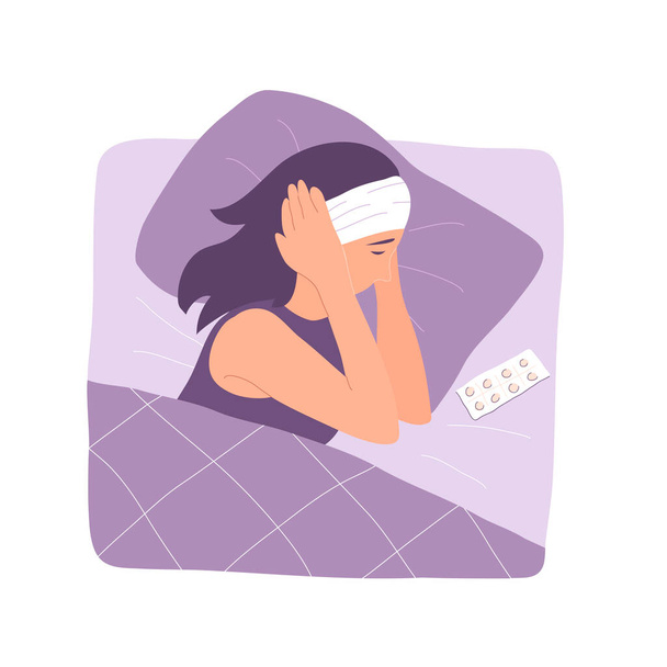 A woman in bed suffers from a headache - Vettoriali, immagini