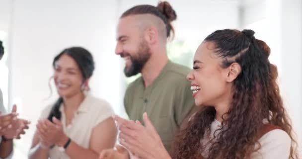 Winner, applause and success with a business team clapping together in their office for motivation. Wow, growth and partnership with a man and woman employee group in celebration of a goal or target. - Imágenes, Vídeo