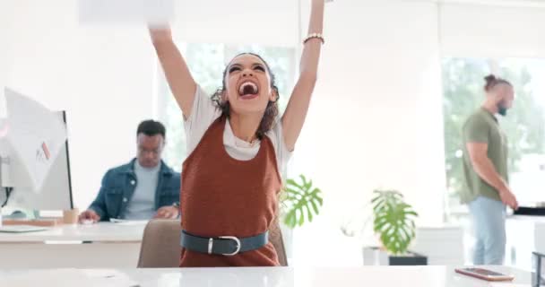 Celebration, dance and business woman throw paper in office to celebrate goals, targets or achievement. Winner, documents in air and happy black female celebrating winning, success and laughing - Metraje, vídeo