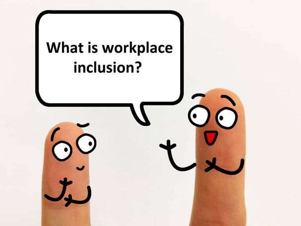 Two fingers are decorated as two person. One of them is asking another what is workplace inclusion. - Fotografie, Obrázek