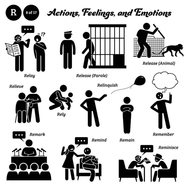 Stick figure human people man action, feelings, and emotions icons alphabet R. Relay, release, parole, animal, relieve, rely, relinquish, remain, remember, remark, remind, and reminisce.  - Vector, Image