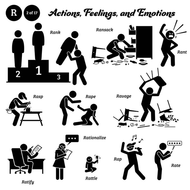 Stick figure human people man action, feelings, and emotions icons alphabet R. Rank, ransack, rant, rasp, rape, ravage, ratify, rationalize, rattle, rap, and rate. - Vettoriali, immagini