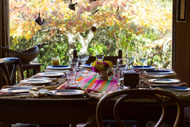 Wooden chairs and table set for family reunion meal on countryside with green and brown trees on the background outside the window - 写真・画像