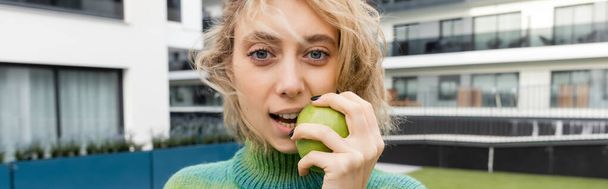 blondynka w swetrze jedząca zielone jabłko w pobliżu budynku hotelu, transparent  - Zdjęcie, obraz