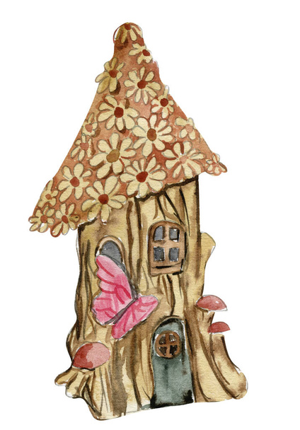 Watercolor cartoon  house with wooden door for fairy. Cute hand painted fairy tale illustration for greeting cards, prints, post cards and souvenirs. Illustartion isilated on white background. - Vetor, Imagem