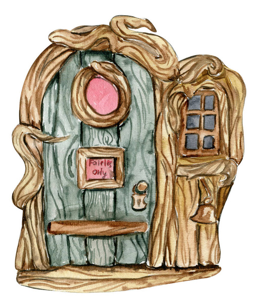 Watercolor cartoon  house  door for fairy. Cute hand painted fairy tale illustration for greeting cards, prints, post cards and souvenirs. Illustartion isilated on white background. - Διάνυσμα, εικόνα