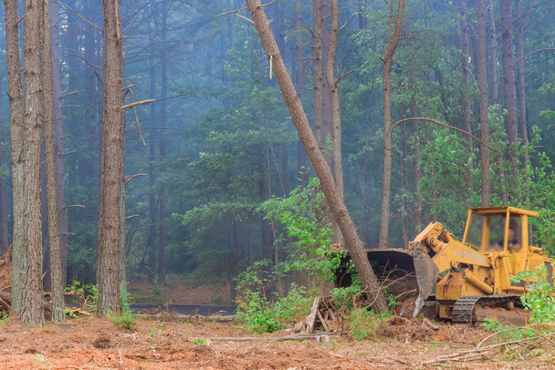 Tractor skid steer was used during construction process in order to remove uprooted trees from land in preparation for subdivision development - Photo, image