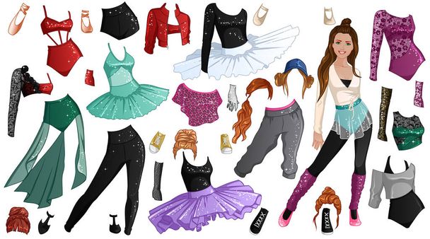 Dancer Paper Doll with Beautiful Lady, Outfits, Hairstyles and Accessories. Vector Illustration - Vektör, Görsel