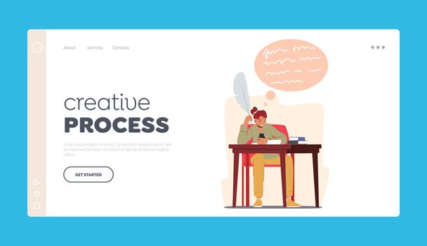 Creative Process Landing Page Template. Female Character Writer or Poet Sitting at Desk with Inkwell, Feather Pen, Inspired Woman Author Writing Book or Poems. Cartoon People Vector Illustration - ベクター画像