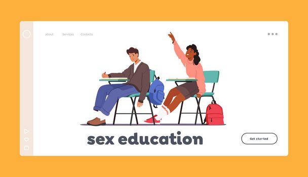 Sex Education Landing Page Template. Student Characters Sitting at Desk with Textbook Raising Hand in Classroom, Girl Answer Lesson, Boy Write in Notebook. Pupils Studying. Cartoon Vector Illustration - Vector, Imagen