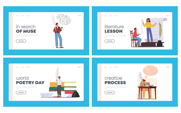 Creative Process Landing Page Template Set. Writers or Poets Characters Reading And Writing Poetries. Authors Create Book, Essay, Poems with Feather Pen. Cartoon People Vector Illustration - Διάνυσμα, εικόνα