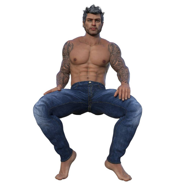 3D render, illustration, urban fantasy, tanned shirtless man in jeans. - Foto, imagen