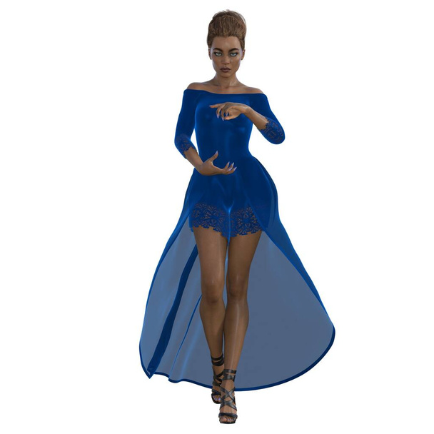 3D рендеринг, ілюстрація, міська фантазія, афроамериканська жінка у вечірньому вбранні. - Фото, зображення