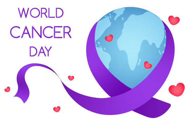World Cancer Day. World Cancer Day poster or banner template with purple ribbon symbol, planet and hearts - Vector, Image