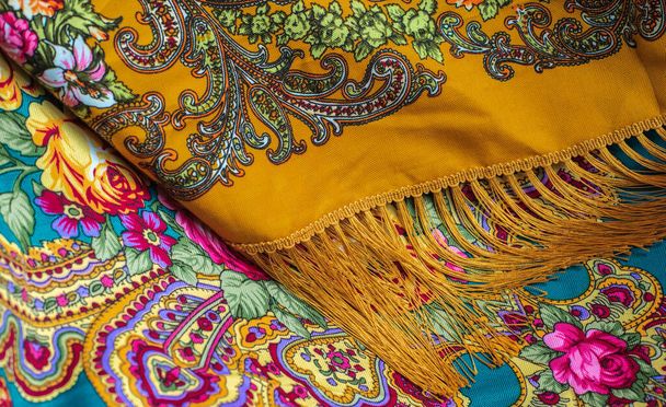 Colorful Boho flowers fabric. Fashionable collection of accessories for women. Detail of wardrobe - Valokuva, kuva