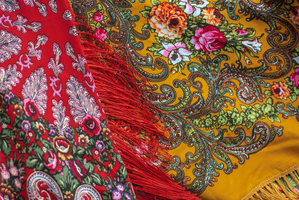Colorful Boho flowers fabric. Fashionable collection of accessories for women. Detail of wardrobe - Foto, Imagem