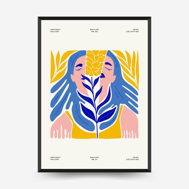 Abstract art posters template. Modern trendy Matisse minimal style. Pink, blue, yellow colors. Hand drawn design for wallpaper, wall decor, print, postcard, cover, template, banner.  - Vektor, Bild