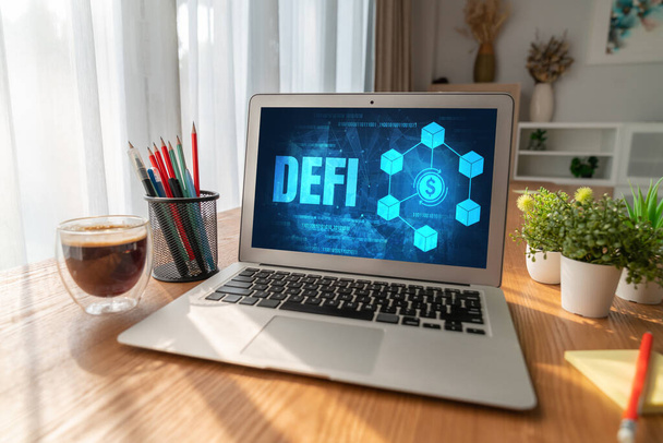 Αποκεντρωμένη χρηματοδότηση ή έννοια DeFi σε modish οθόνη υπολογιστή. Το σύστημα defi δίνει νέα επιλογή επενδύσεων και εξοικονόμησης χρημάτων . - Φωτογραφία, εικόνα