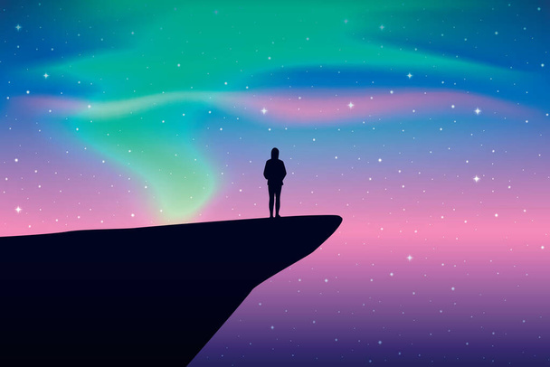 Девушка на скале смотрит в красочное звездное небо с векторной иллюстрацией полярного сияния EPS10 - Вектор,изображение