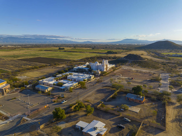 Mission San Xavier del Bac aerial view in Tohono O'odham Nation Indian Reservation near city of Tucson, Arizona AZ, USA.  - Zdjęcie, obraz