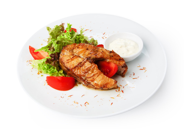 Restaurant food isolated - pikeperch fish steak - Photo, Image