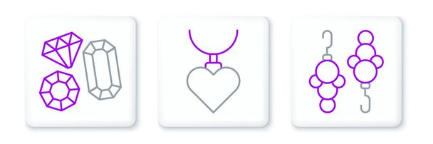 Set line Earrings Gem stone and Necklace with heart shaped pendant icon. Vector. - Vector, Image
